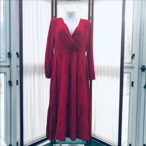 Red Faux Wrap Tiered Dress